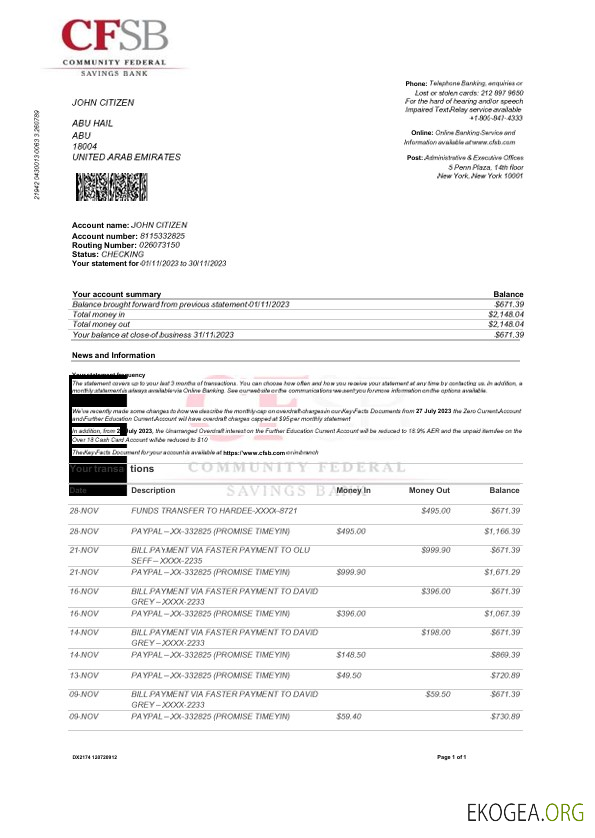 Modèle Word et PDF de relevé bancaire CFSB des États Unis